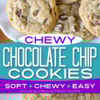 2 image chocolate chip cookies collage with plate of cookies at top and small white plate with two cookies on the bottom there is a center text overlay