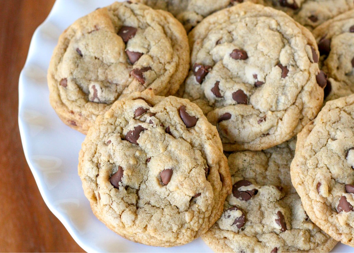 close up of plate of chocolate chip cookies