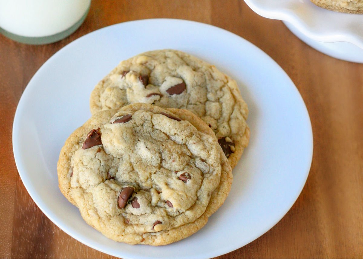 two chocolate chip cookies on white plate on wood surface