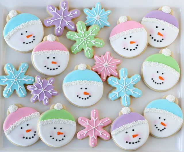 Pretty Pastel Snowmen & Snowflake Decorated Cookies - from glorioustreats.com