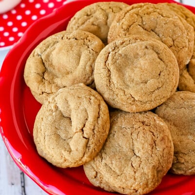 ginger molasses cookie on red cake stand