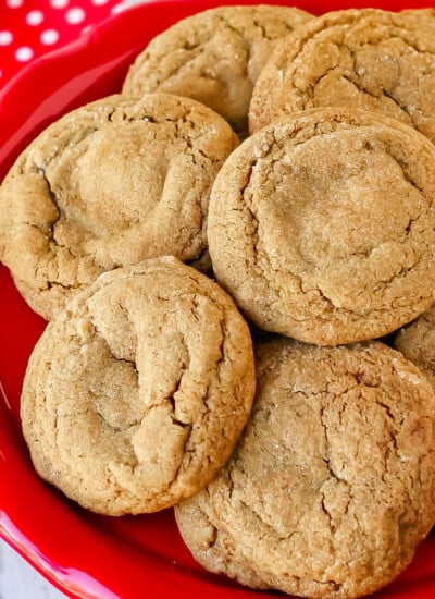 ginger molasses cookie on red cake stand