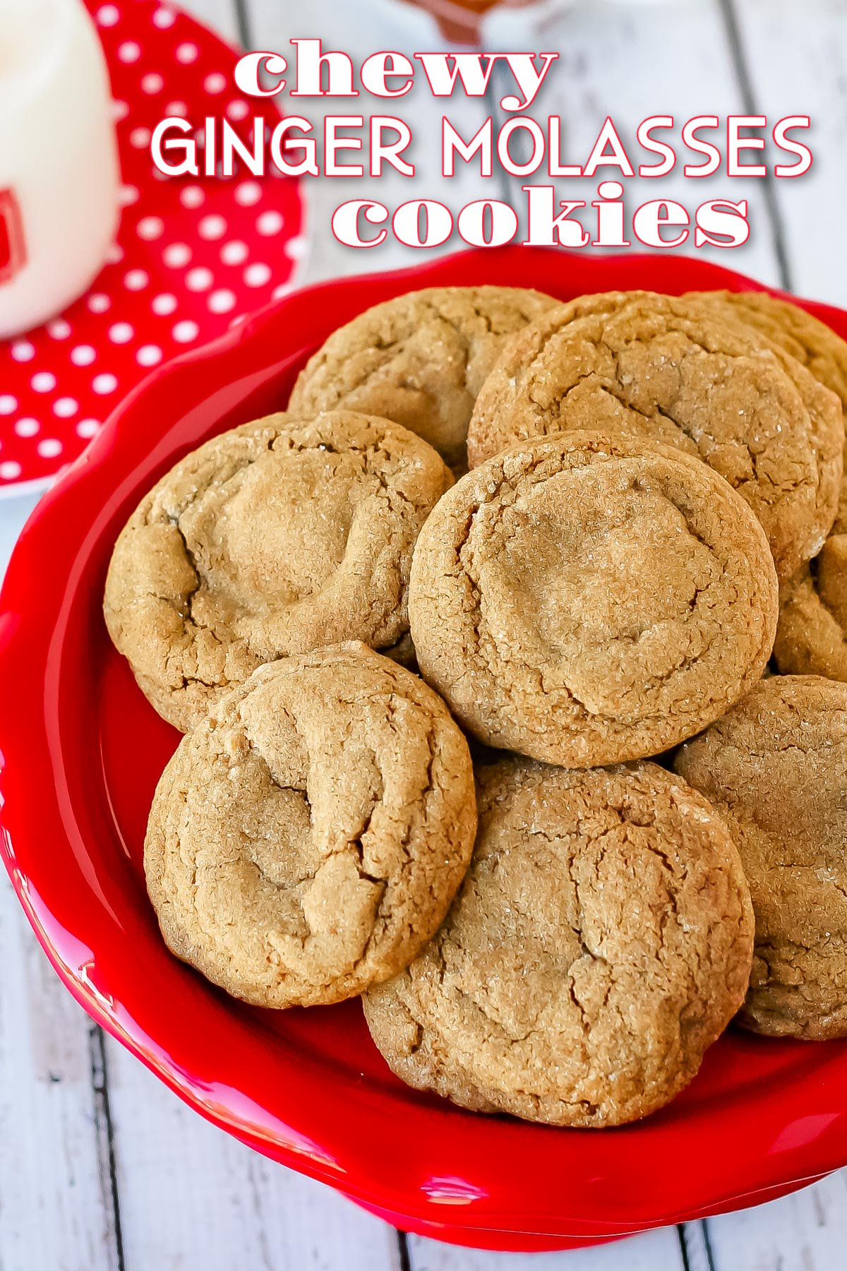 ginger molasses cookie on red cake stand with text overlay at top of image