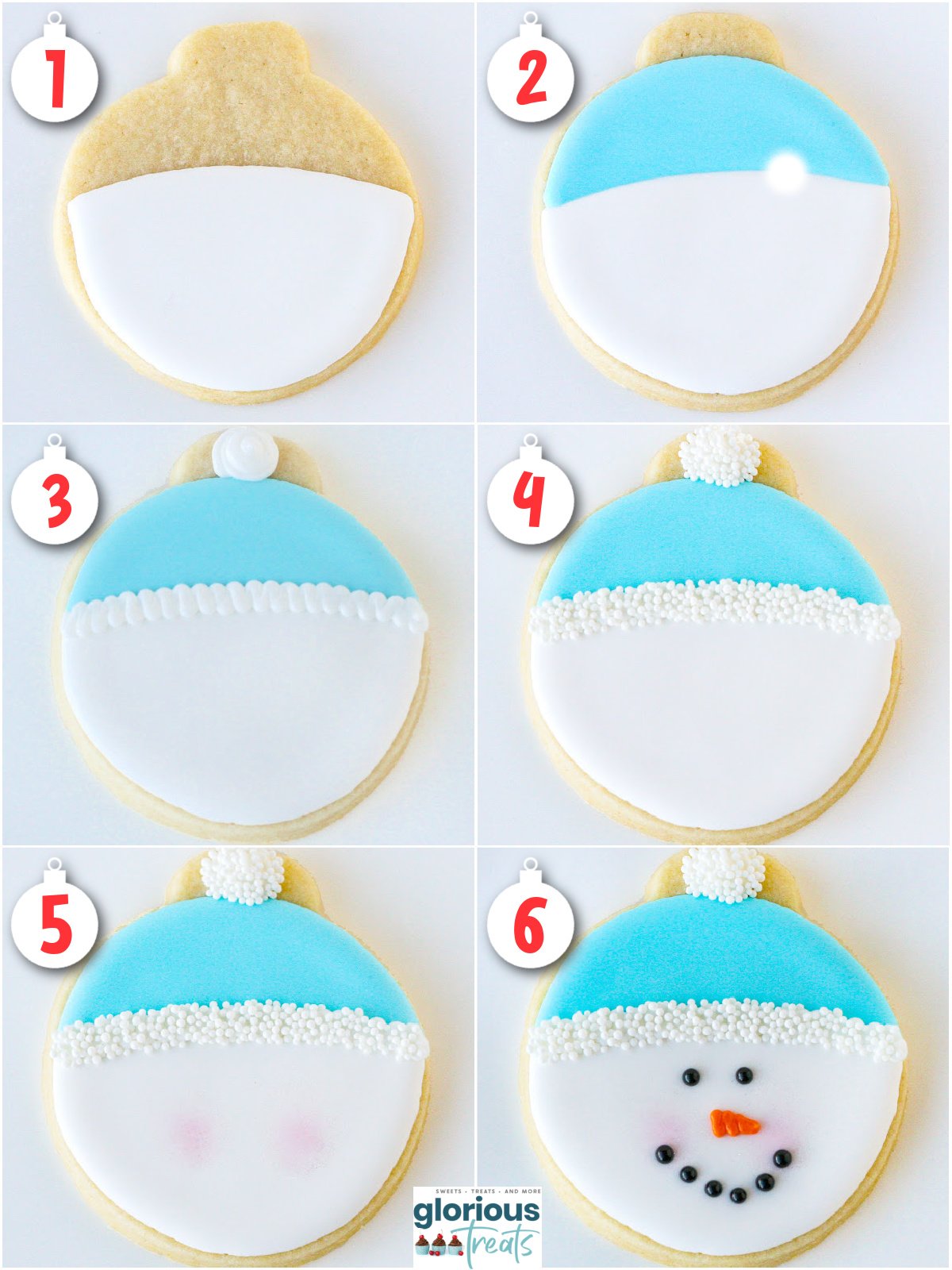 six image collage showing how to decorate snowman face cookies for christmas.