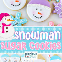 three image collage showing how to make decorated snowman face sugar cookies. cookies are decorated with pastel royal icing. center color block with text overlay.
