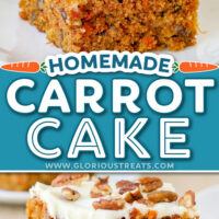 two image collage showing a piece of carrot cake topped with cream cheese frosting and the bottom image has a forkful removed from the piece of cake. center color block with text overlay.