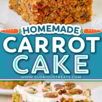 two image collage showing a piece of carrot cake topped with cream cheese frosting and the bottom image has a forkful removed from the piece of cake. center color block with text overlay.