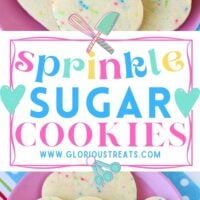 2 image sprinkle sugar cookie collage with heart shaped cookies sitting on pink plate with center color block and text overlay