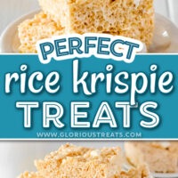 two image collage showing three stacked rice krispie treats and bottom image shows the whole batch cut into squares and piled on a white cake stand. center color block with text overlay.