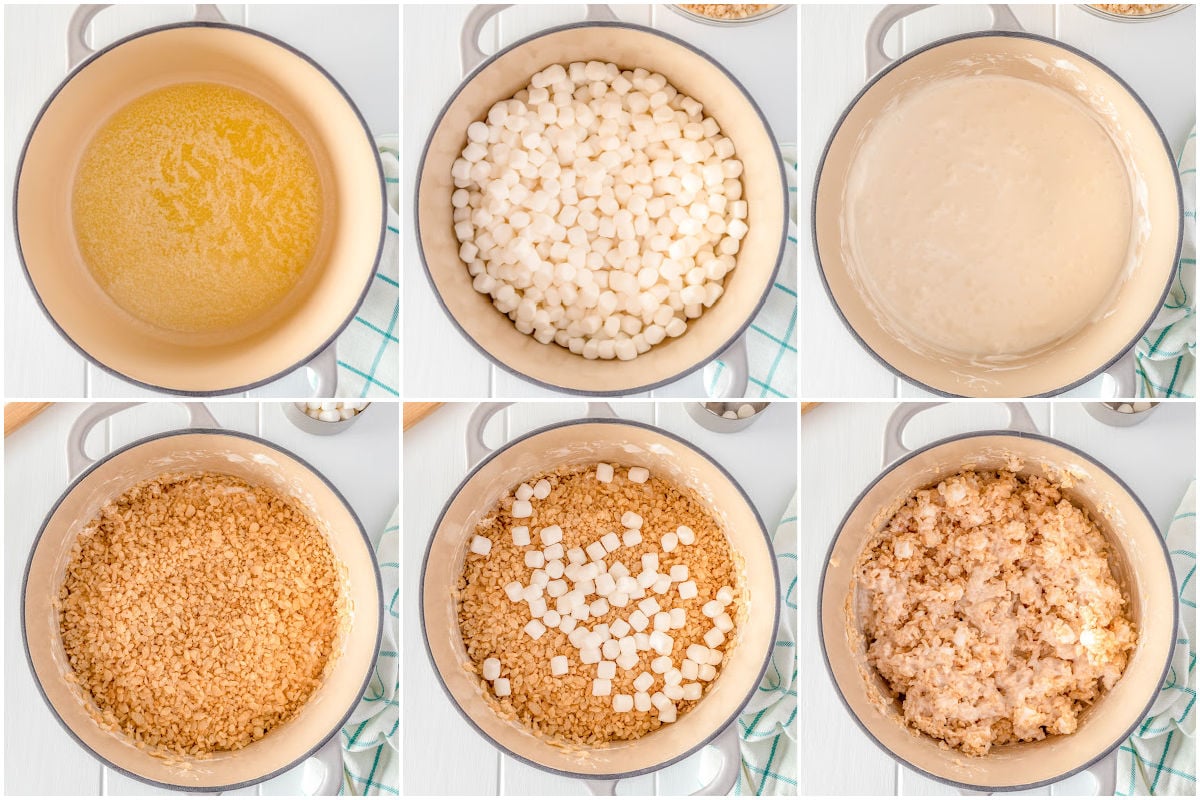 six image collage showing how to make rice krispie treats.
