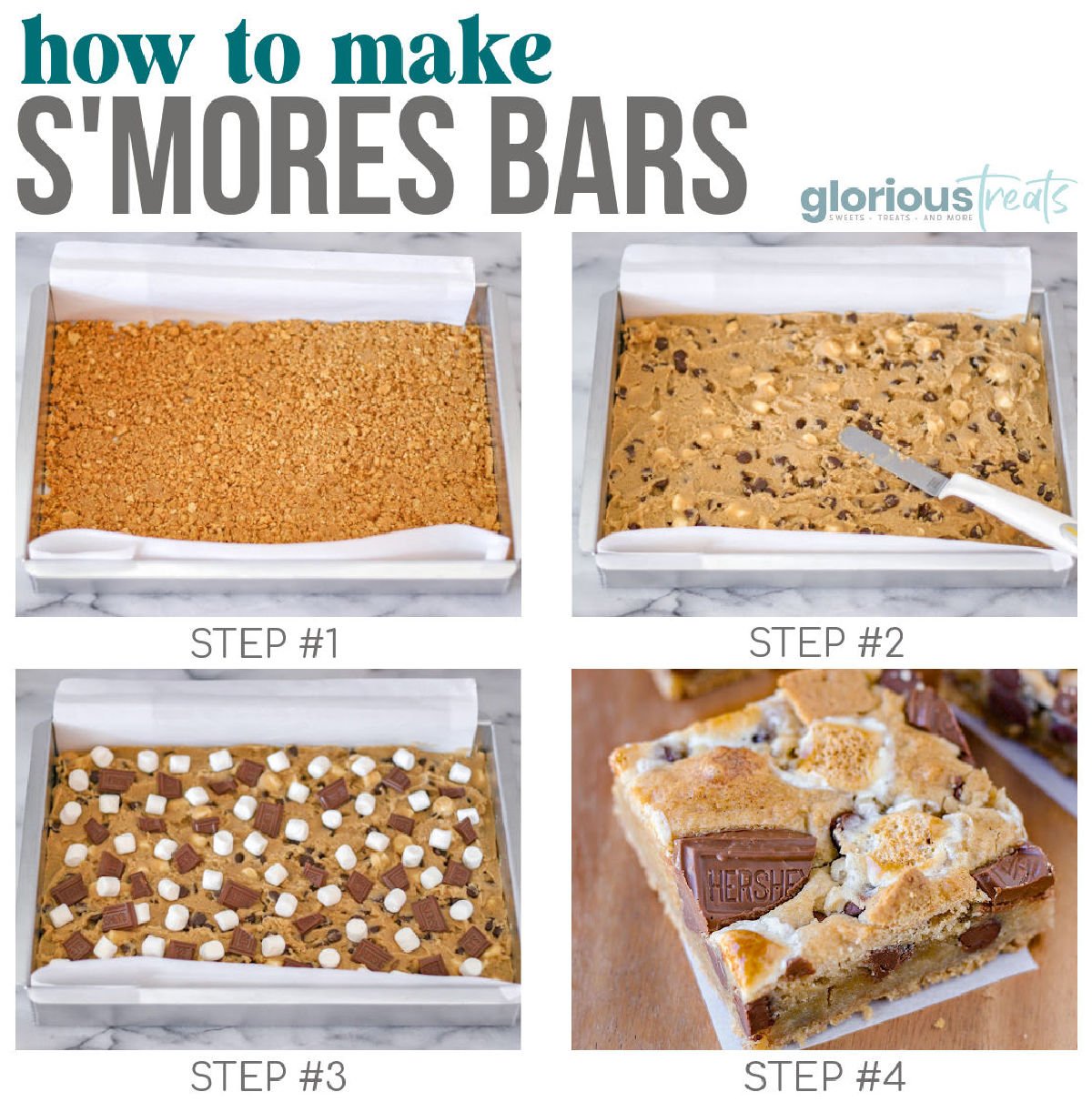 Four image collage showing how to make smores bars recipe. Text overlay at top of image. 