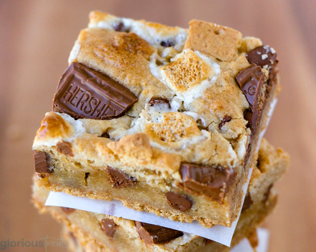 Close up look at the top of a smores bar. Hersheys chocolate, marshmallows and graham crackers are clearly visible.