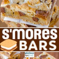 Three image collage showing smores bars recipe cut into squares. Center color block with text overlay.
