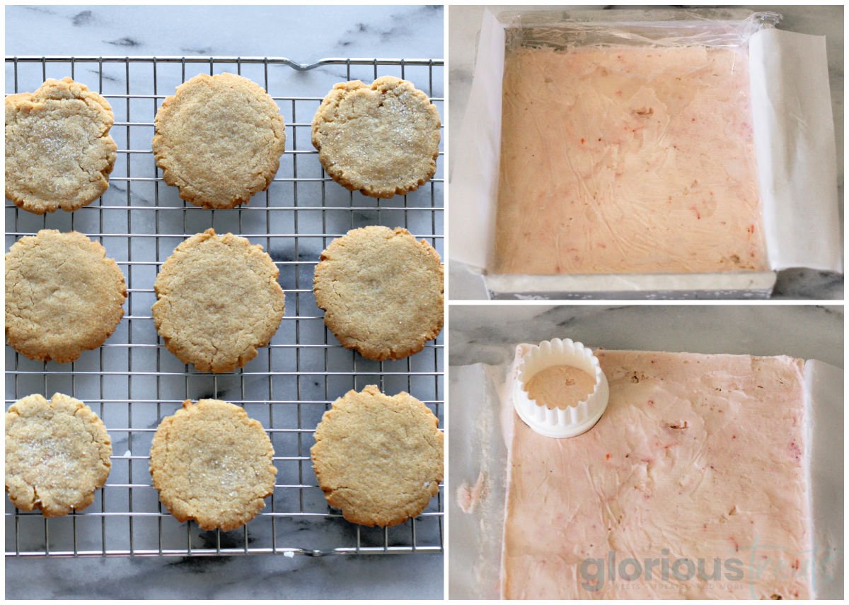 three image collage showing how to assemble ice cream sandwiches with peanut butter cookies.
