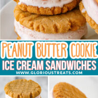 three image collage showing peanut butter cookie ice cream sandwiches stacked on a white plate and small pink cupcake stand. center color block with text overlay.