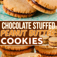 two image collage showing peanut butter cookies stuffed with chocolate ganache. bottom image has a cookie torn in half. center color block with text overlay.