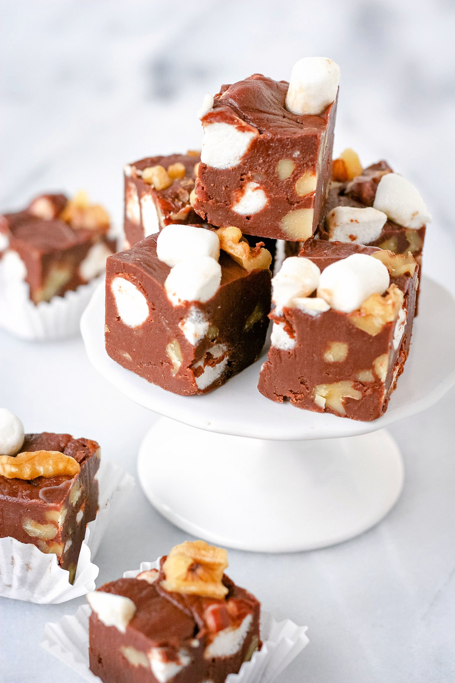 pieces of rocky road fudge on small cupcake stand 