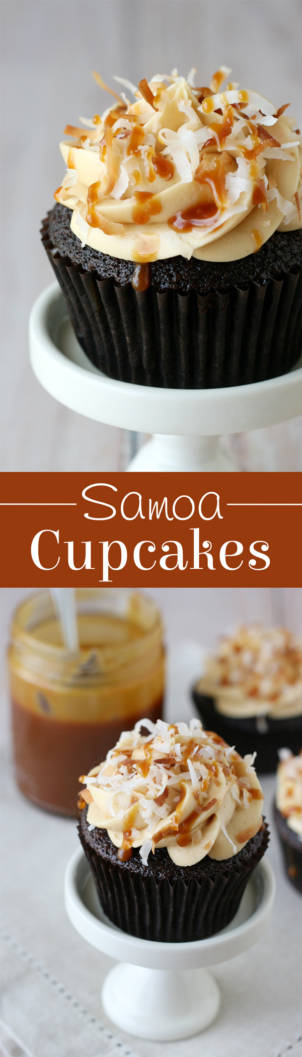 So INCREDIBLY good!! These Samoa cookie inspired cupcakes are chocolate cupcakes topped with salted caramel buttercream and toasted coconut!