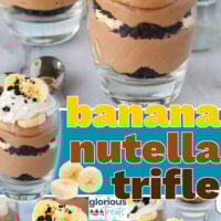Three image collage of banana nutella trifle shown in glasses and topped with whipped cream and fresh bananas. Center color block with text overlay.
