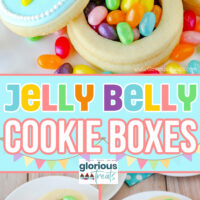 three image graphic with center color block with text overlay. images show cookie boxes filled with jelly beans and decorated with jelly beans and royal icing.