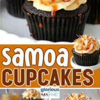 three image collage of samoa cupcakes. the cupcakes are frosted with salted caramel frosting and topped with salted caramel sauce and toasted coconut. center color block with text overlay.