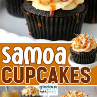 three image collage of samoa cupcakes. the cupcakes are frosted with salted caramel frosting and topped with salted caramel sauce and toasted coconut. center color block with text overlay.