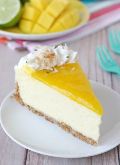 This Mango Lime Cheesecake is rich, creamy and bursting with tropical flavors!