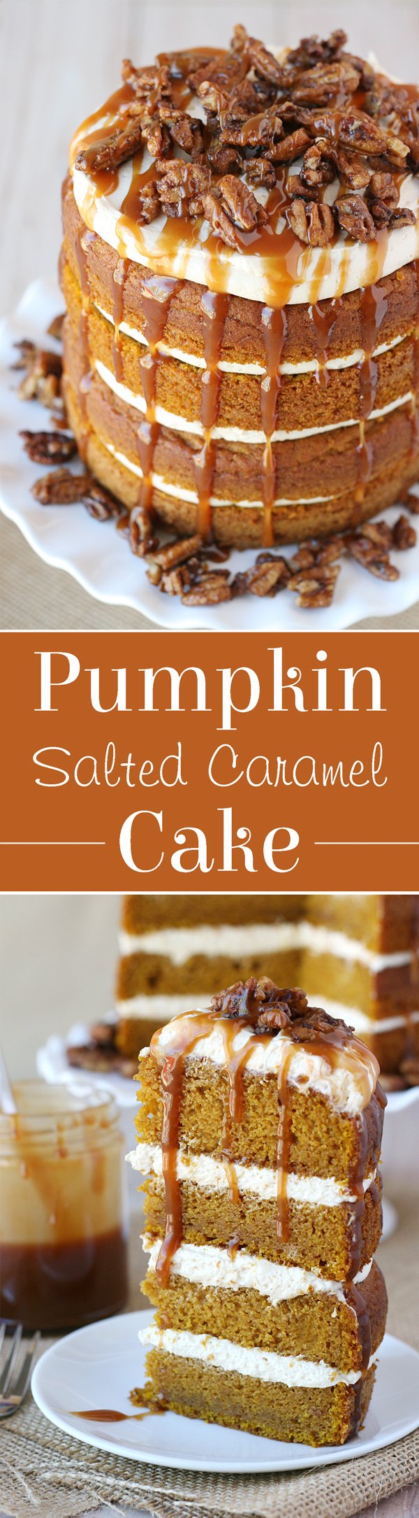 Simply the PERFECT cake for fall! Moist and flavorful Pumpkin Cake is paired with Salted Caramel Frosting, Candied Pecans and even more amazing caramel! 