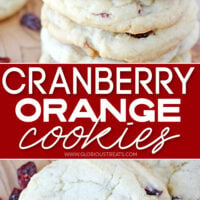 cranberry orange cookies in a 2 image collage with center color block top image shows cookies stacked and bottom image is a close up view