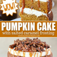 two image collage with pumpkin cake slice on top and whole cake on the bottom with text overlay in the center