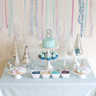 Gorgeous Frozen themed dessert table! Ideas and recipes perfect for any winter party!