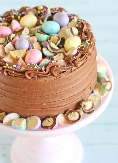 This pretty pastel Chocolate Malt Cake is perfect for spring!