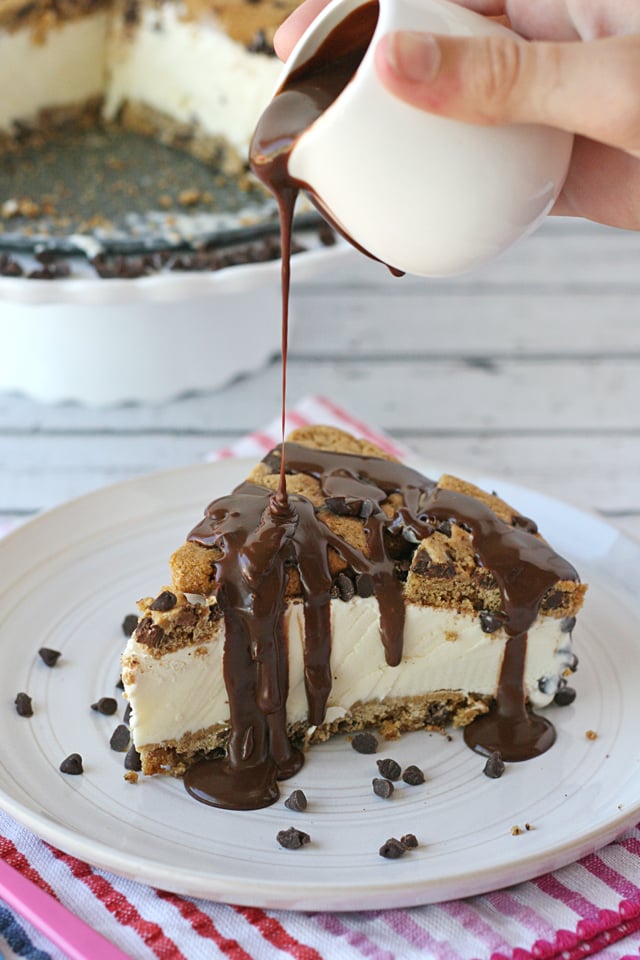 Simple, delicious, NO BAKE Chocolate Chip Cookie Ice Cream Cake with an easy, homemade fudge sauce! 