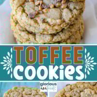 Three image collage showing toffee cookies stacked high. Top cookie is broken in half. Center color block with text overlay.