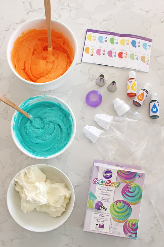 Easy technique for impressive tri-color cupcake frosting! 