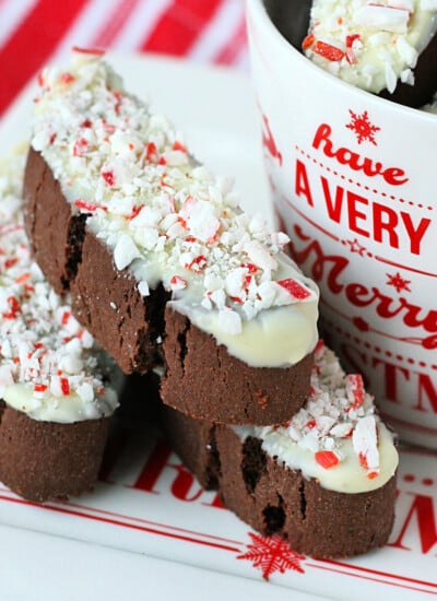 peppermint chocolate biscotti on white plate next to christmas mug