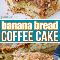 two image collage showing banana coffee cake on a white plate and also in the baking dish. the single serving is topped with banana slices. center color block with text overlay.