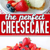 two image collage of slice of cheesecake and whole cheesecake topped with berries. center color block and text overlay.