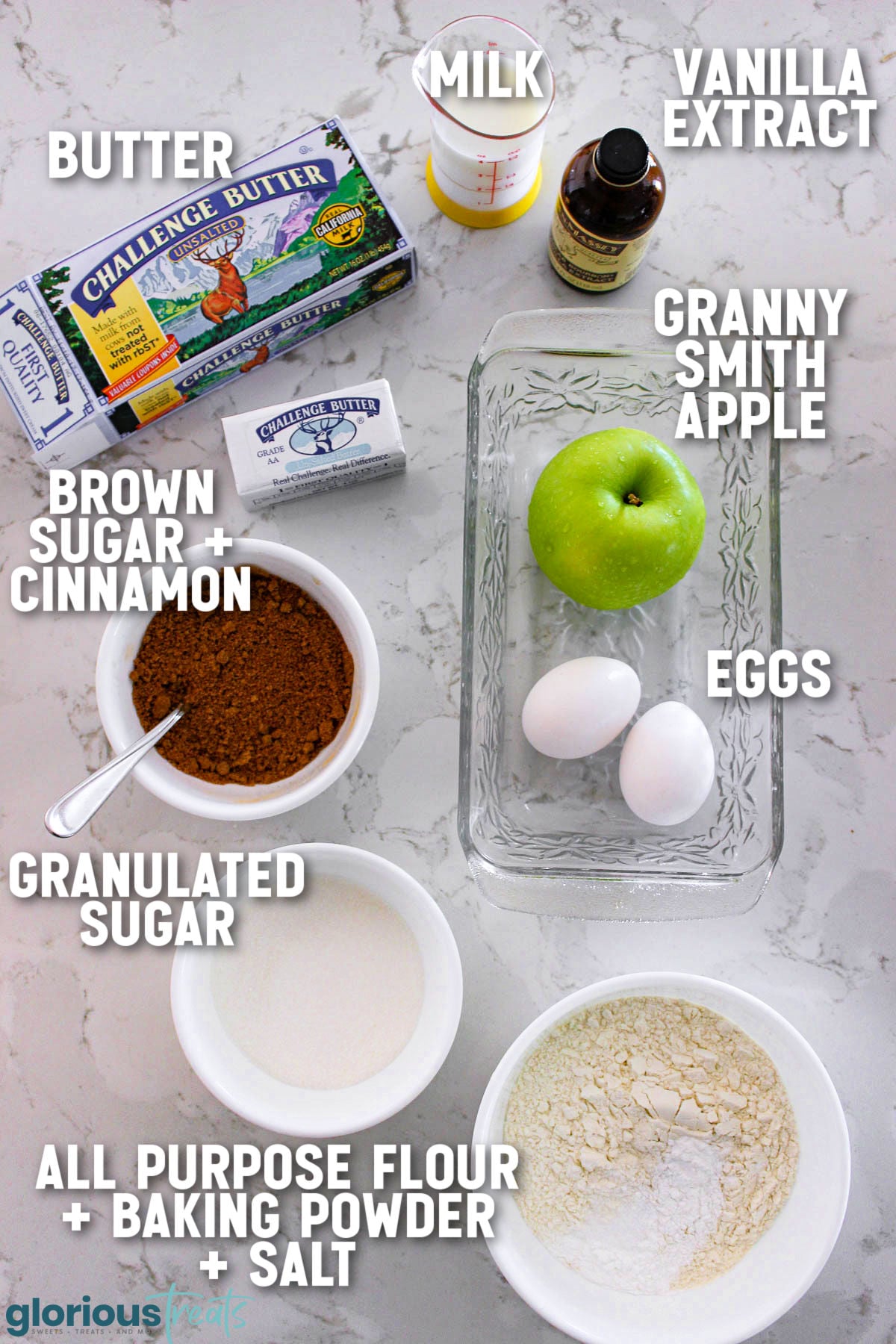 Overhead shot of apple bread ingredients with text labels overlaid on the image.