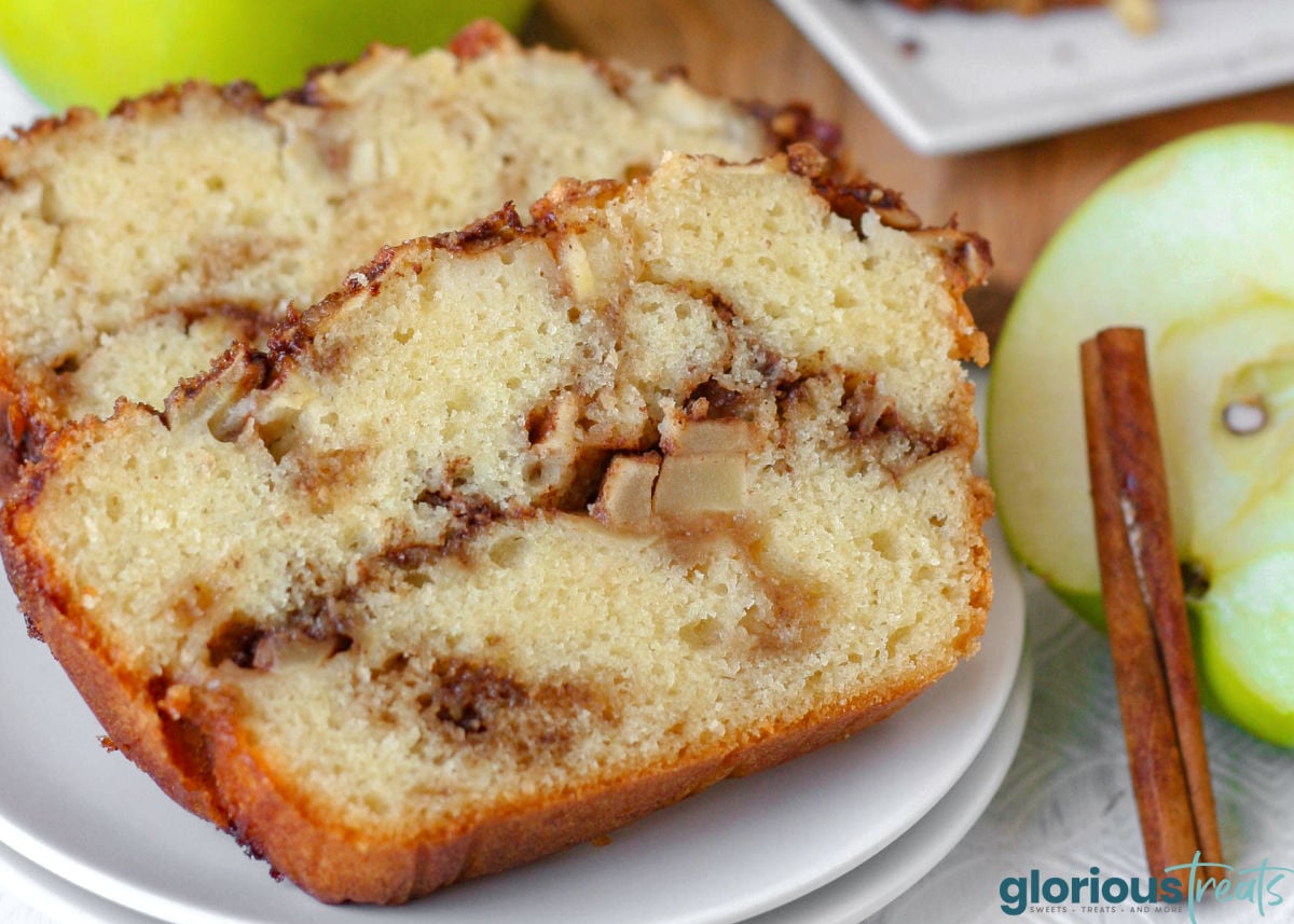Wide shot of two slices of apple cinnamon bread on round white plate.