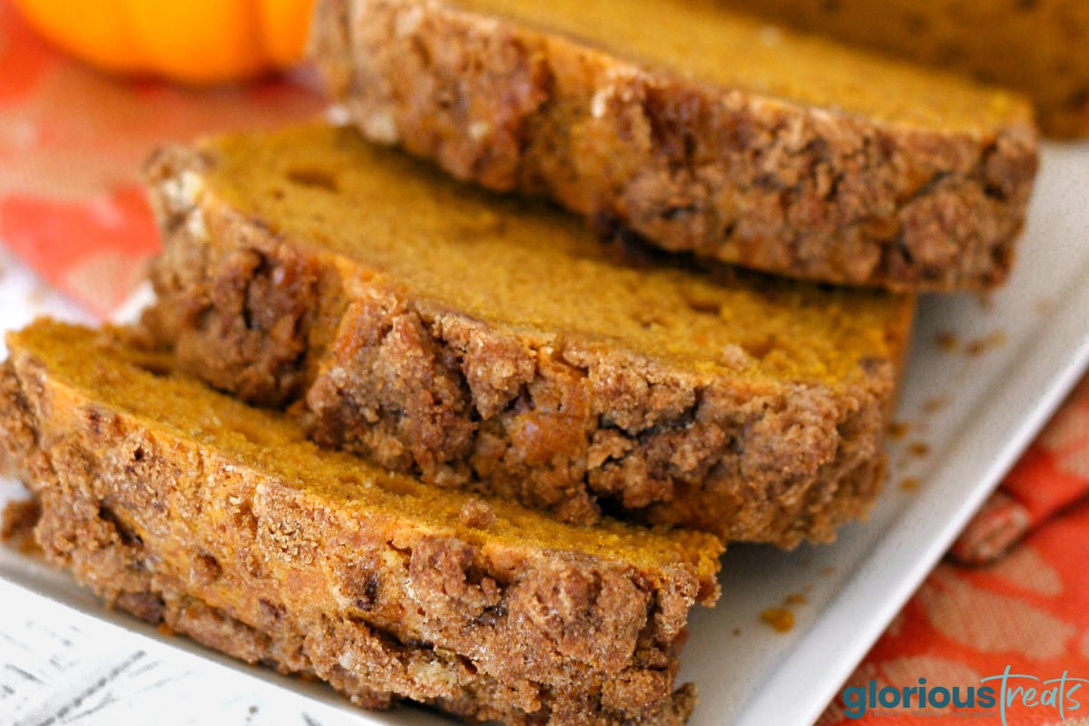 Close up shot of cinnamon streusel topping on pumpkin loaf recipe.