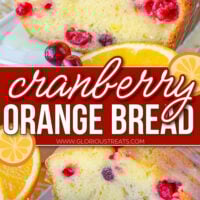 two image collage showing a loaf of cranberry orange bread with a slice removed on top image and bottom image shows two slices sitting in front of the rest of the loaf. center color block with text overlay.