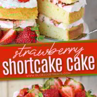 two image collage of strawberry shortcake cake recipe with text overlay