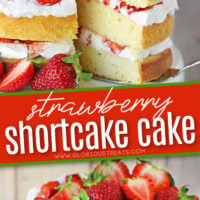 two image collage of strawberry shortcake cake recipe with text overlay