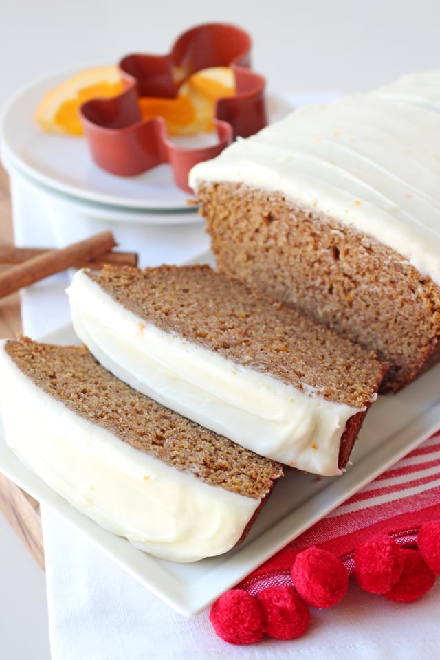 Gingerbread Loaf Recipe sliced on white plate 