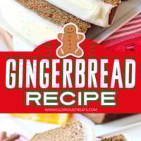 two image collage of loaf of gingerbread sliced and frosted with center color block and text overlay