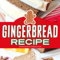 two image collage of loaf of gingerbread sliced and frosted with center color block and text overlay