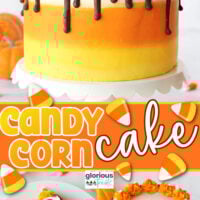 three image collage showing a candy corn cake decorated chocolate cake frosted with orange, yellow and white frosting and topped with candy corn candies. A slice of the rich chocolate cake is shown on a small round plate. Center color block with text overlay.