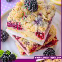 Two image graphic showing blackberry crumb bars in pan and stacked three high on a white plate. Text overlay at top and bottom of image.