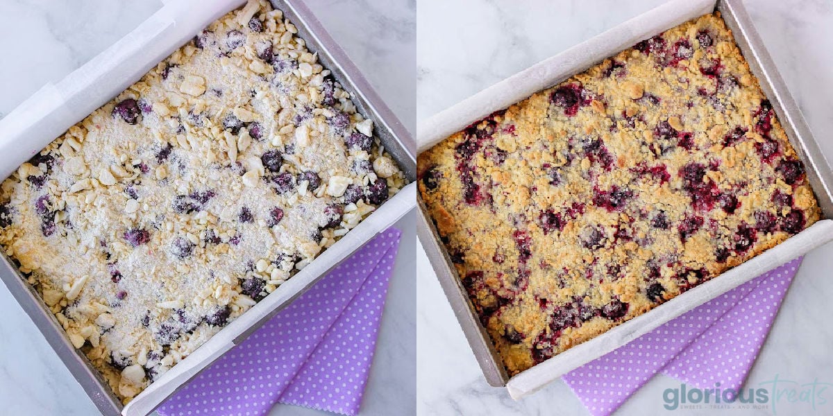 Two image collage showing how to make blackberry crumb bars.